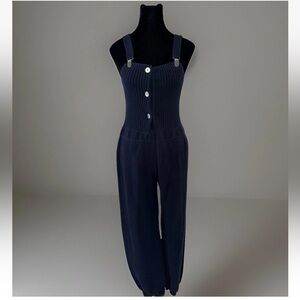 Brazeau Tricot Knit Overall Jumpsuit Sz S Made In USA Navy Blue Cotton Lux Boho
